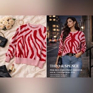 Theo & Spence Pink Red Zebra Print Sweater Size M Bold Statement Knit